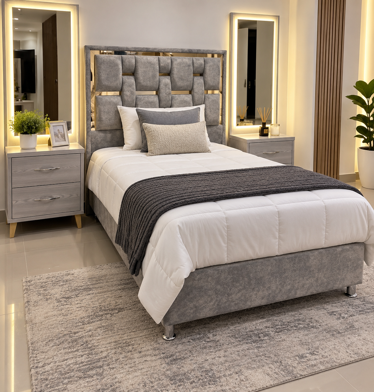 Base cama con cajones, cabecero de espejos y colchón